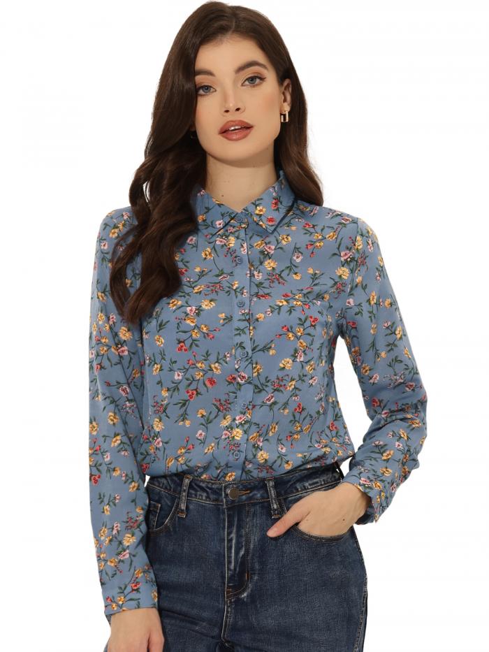 Allegra K 花柄シャツ ブラウス 長袖 おしゃれ ボタンダウン 通勤 オフィス カジュアル レディース グレーブルー S