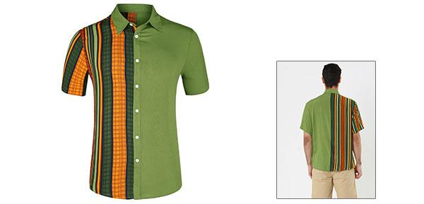 Lars Amadeus ストライプシャツ 不規則な幾何学的 カラーブロック パッチワーク 半袖 メンズ グリーン 2XL