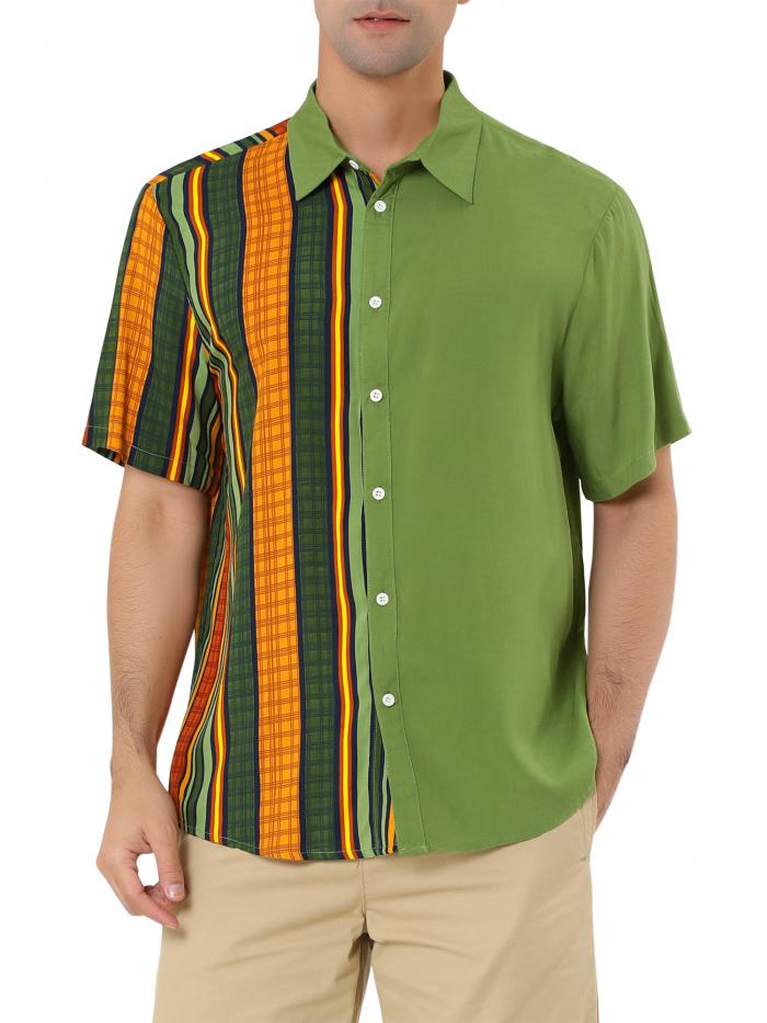 Lars Amadeus ストライプシャツ 不規則な幾何学的 カラーブロック パッチワーク 半袖 メンズ グリーン 2XL