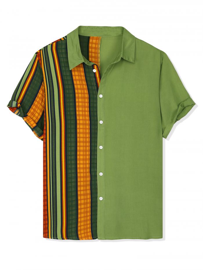 Lars Amadeus ストライプシャツ 不規則な幾何学的 カラーブロック パッチワーク 半袖 メンズ グリーン 2XL