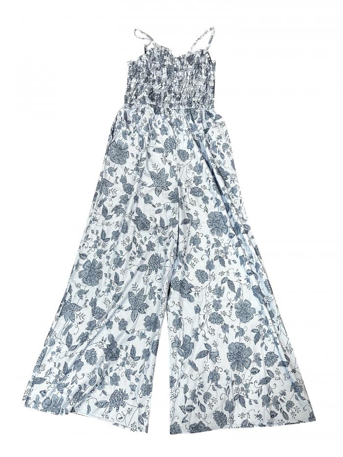 Allegra K レディース ジャンプスーツ スパゲッティストラップ ノースリーブ ワイドレッグパンツ フローラル ロンパー ブルー XS