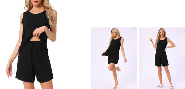 cheibear レディースラウンジセット コットン ノースリーブ パジャマセット タンクトップ ショーツ ソフト スリープウェア PJ セット ブラック XL