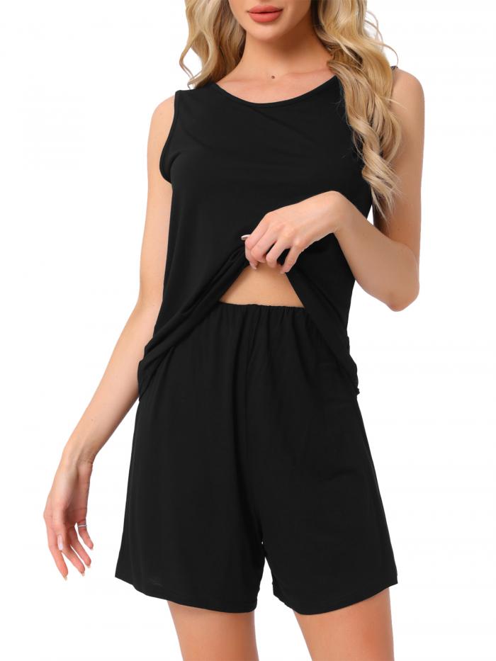 cheibear レディースラウンジセット コットン ノースリーブ パジャマセット タンクトップ ショーツ ソフト スリープウェア PJ セット ブラック XL
