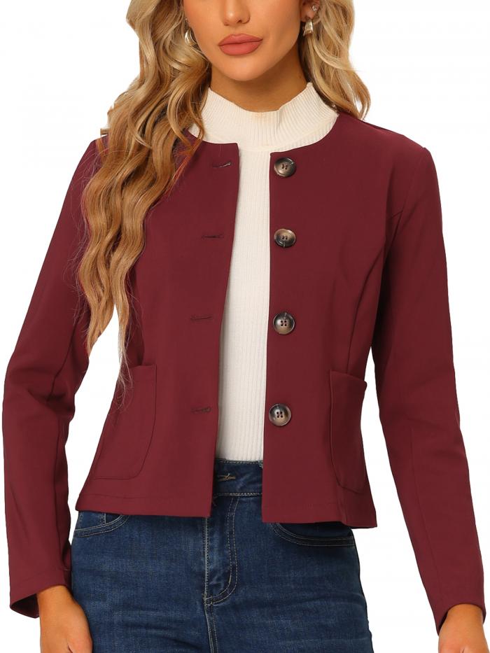 Allegra K ノーカラージャケット ブレザー オフィス 事務服 前ボタン エレガント レディース ワインレッド XS