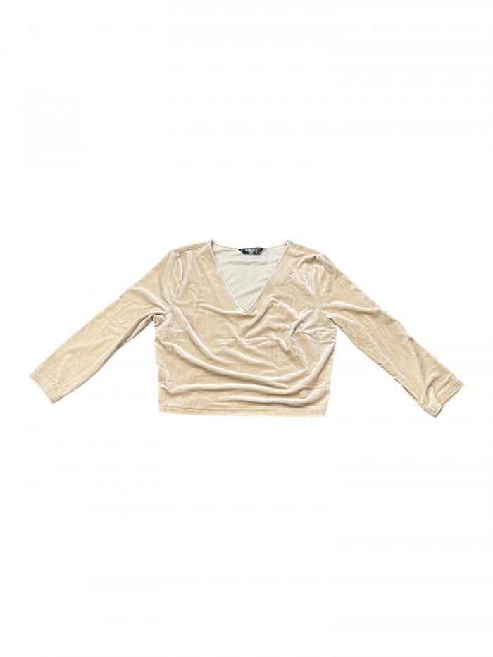 Allegra K ベルベットブラウス 衣装 クロップトップ Vネックシャツ 七分袖 無地 レディース ライトカーキ S