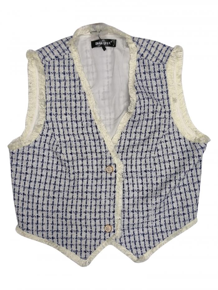 Allegra K スーツ ベスト チェック柄チョッキ フリンジ トリム ヴィンテージ レディース ホワイト XL