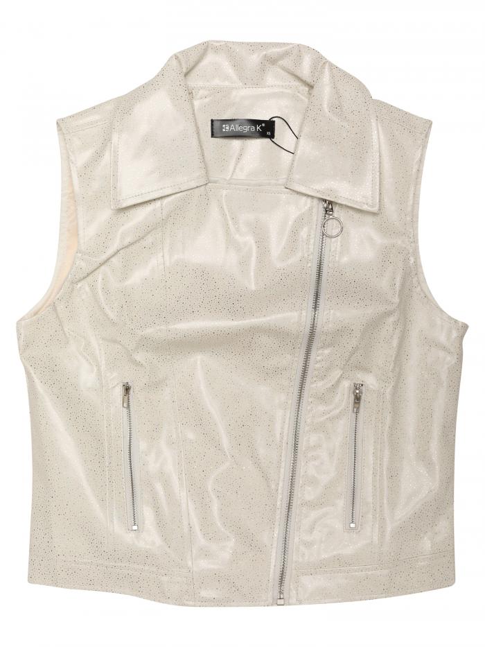 Allegra K ジップクロップドベスト 襟付き メタリック フェイクレザー ラペルカラー ノースリーブ レディース 白い点 XL