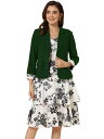 Allegra K ジャケット ドレス ワンピース ワーク ボウプリント 2枚セット シフォン Vネック コントラストパネル レディース グリーン S(4)