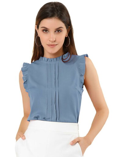 Allegra K フリルブラウス ノースリーブ プリーツ トップス オフィス カジュアル レディース ブルーグレー 3XL Allegra K フリルブラウス ノースリーブ プリーツ トップス オフィス カジュアル レディース ブルーグレー 3XL