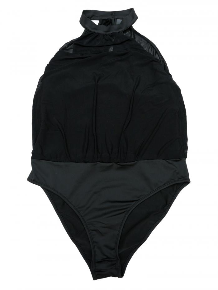 Allegra K レオタードシャツ レディース ホルターネック ノースリーブ メッシュ シアーボディスーツトップス ブラック XS