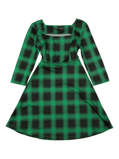 Allegra K チェック柄ワンピース スクエアネック 七分袖 レディース グリーン S Allegra K チェック柄ワンピース スクエアネック 七分袖 レディース グリーン S
