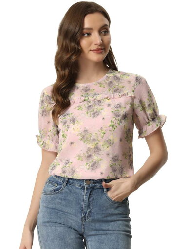Allegra K 花柄ブラウス シフォンシャツ 半袖トップス フリル トリム エレガント 春夏 レディース ピンクグレー XS Allegra K 花柄ブラウス シフォンシャツ 半袖トップス フリル トリム エレガント 春夏 レディース ピンクグレー XS