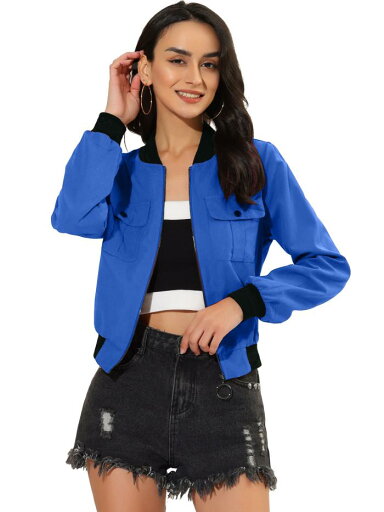 Allegra K スタジャン ジャケット ブルゾン ショート丈 アウター 長袖 ジッパー レディース ブルー L Allegra K スタジャン ジャケット ブルゾン ショート丈 アウター 長袖 ジッパー レディース ブルー L