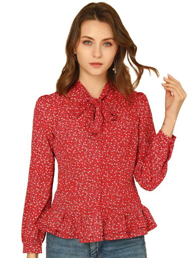 Allegra K ペプラム トップス ブラウス シャツ 花柄 ボウタイ ボタンダウンフリル裾 レディース レッド L Allegra K ペプラム トップス ブラウス シャツ 花柄 ボウタイ ボタンダウンフリル裾 レディース レッド L