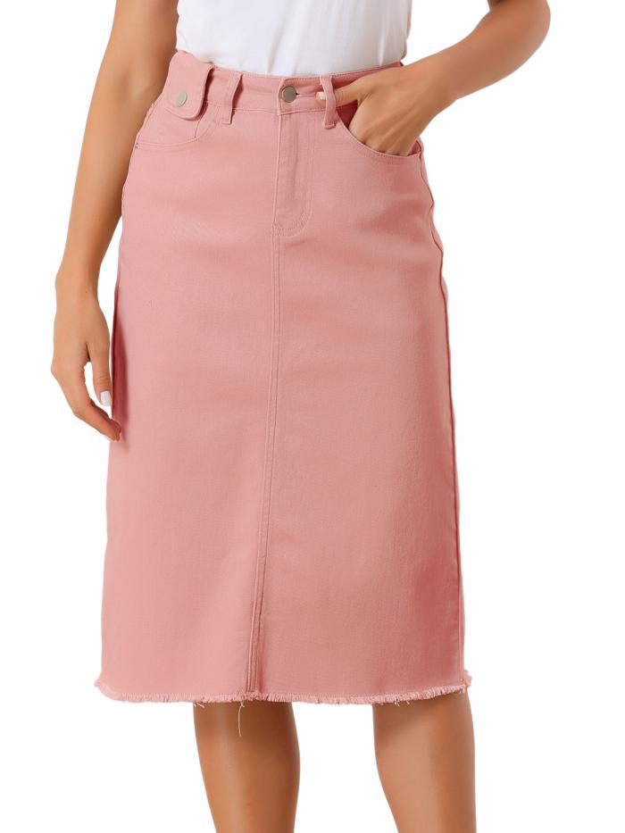 Allegra K デニムスカート ミニ スカート 夏 ハイウエスト タイトスカート 伸縮性 膝丈 Aライン 着痩せ カジュアル レディース ピンク S