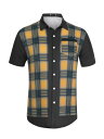 Lars Amadeus チェックシャツ パッチワーク 半袖トップス カラーブロックシャツ ボタンダウン メンズ ブラックイエロー XL