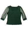 Allegra K ブラウス シースルー 七分袖 シフオンブラウス セックシー 水玉 スクエアネック シャツ オフィス メッシュ トップス 着痩せ おしゃれ ゴージャス レディース ダークグリーン XS
