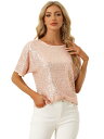 Allegra K Tシャツ クラブウェア ブラウス スパンコールトップス ラウンドネック 半袖 パーティー レディース シャンパン M(4)