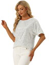 Allegra K Tシャツ クラブウェア ブラウス スパンコールトップス ラウンドネック 半袖 パーティー レディース シルバー XS