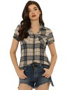 Allegra K 赤チェックシャツ 半袖 フランネル レディース ボタンダウン カジュアル 夏 カーキブラック XL
