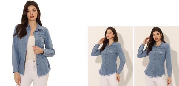 Allegra K デニムシャツ ジーンズブラウス 長袖 トップス ポイントカラー 生裾 リラックスフィット レディース ブルーグレー M