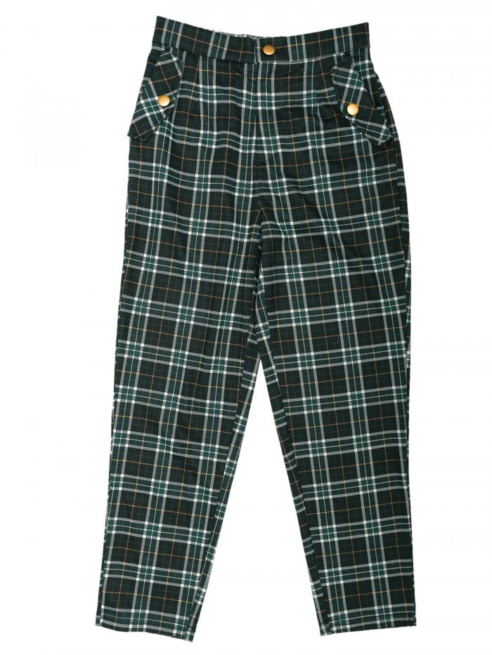 Allegra K ロングパンツ タータンチェック柄 ストレートウエストゴム ヴィンテージ レディース グリーンホワイト XS