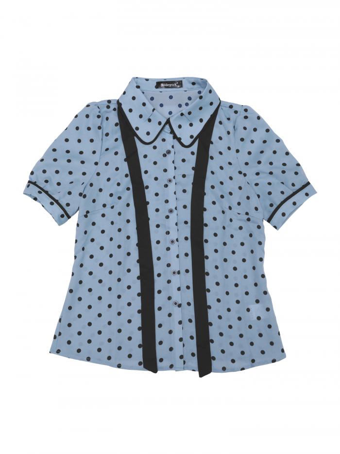 Allegra K ブラウス レディース 半袖 シフオンブラウス 折り襟 リボン シャツ パフスリーブ オフィス カジュアル トップス 着痩せ おしゃれ 通勤 OL 水玉模様 ライトブルー S
