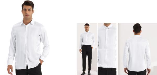 Lars Amadeus サテン ドレスシャツ スリムフィット 長袖 ボタンダウンシャツ ビジネス サラリーマン 紳士 日常 メンズ ホワイト 2XL 2