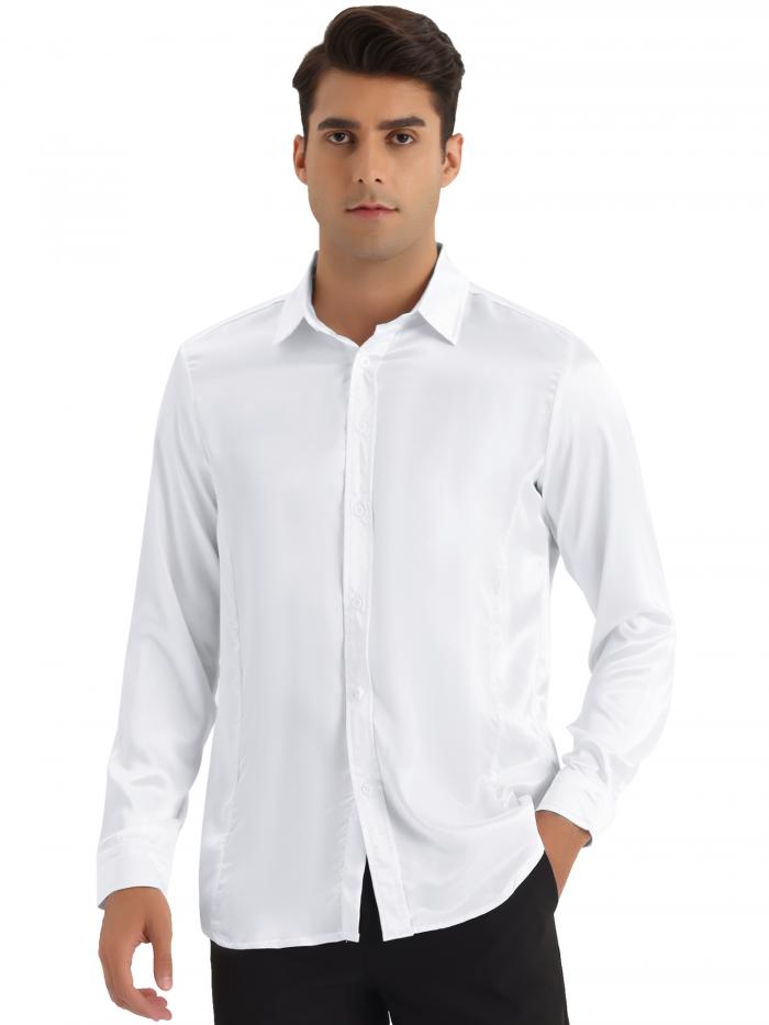 Lars Amadeus サテン ドレスシャツ スリムフィット 長袖 ボタンダウンシャツ ビジネス サラリーマン 紳士 日常 メンズ ホワイト 2XL