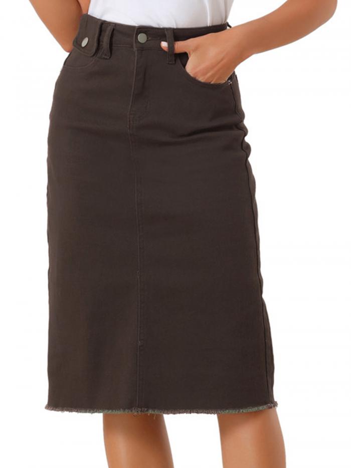 Allegra K デニムスカート ミニ スカート 夏 ハイウエスト タイトスカート 伸縮性 膝丈 Aライン 着痩せ カジュアル レディース ダークブラウン M