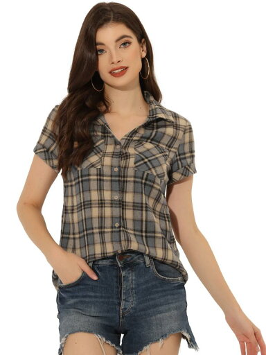 Allegra K 赤チェックシャツ 半袖 フランネル レディース ボタンダウン カジュアル 夏 ブラウンブラック XS Allegra K 赤チェックシャツ 半袖 フランネル レディース ボタンダウン カジュアル 夏 ブラウンブラック XS