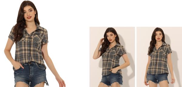 Allegra K 赤チェックシャツ 半袖 フランネル レディース ボタンダウン カジュアル 夏 ブラウンブラック L