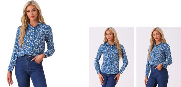 Allegra K 花柄シャツ ブラウス 長袖 おしゃれ ボタンダウン 通勤 オフィス カジュアル レディース ディープブルー L