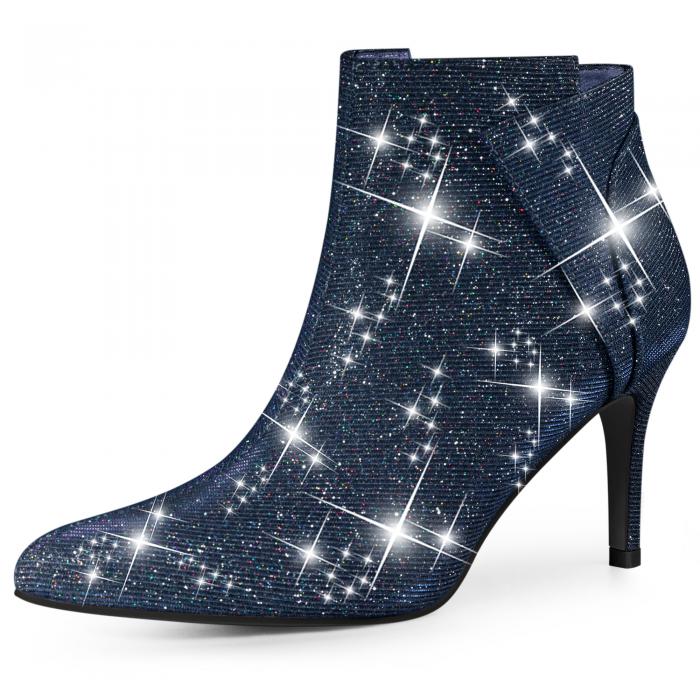 Allegra K アンクルブーツ ジッパーブーティ スティレットヒール 先のとがったつま先 レディース ブル..