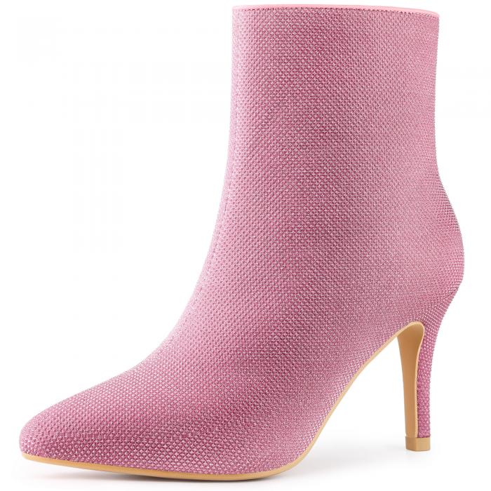 Allegra K アンクル ブーツ サイドジッパー スティレットヒール スパークル レディース ホットピンク 2..