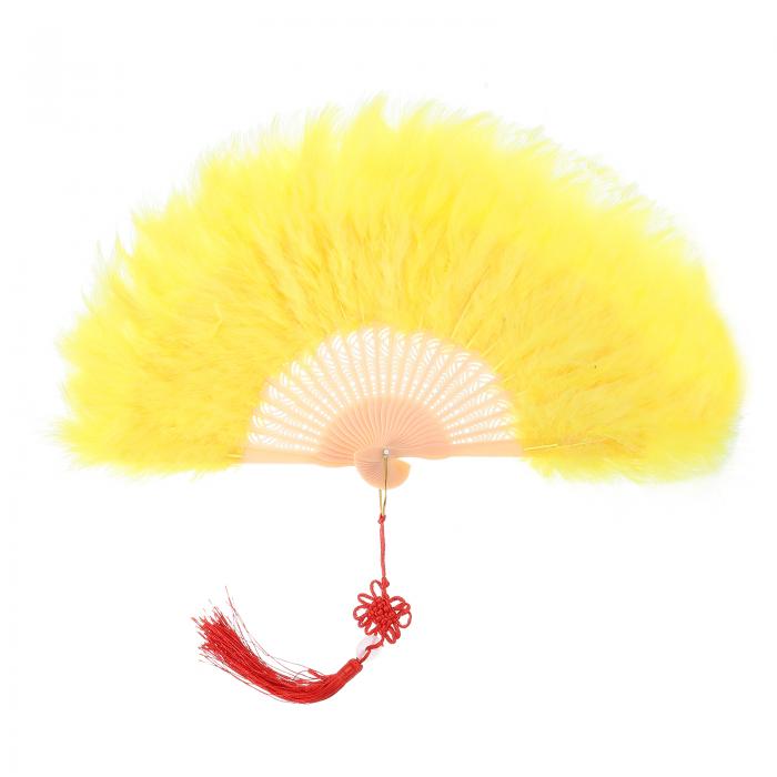 フェザーハンドファン イエローヴィンテージ折りたたみ扇子 中国結付きフェザーファン ハロウィンパーティー 結婚式 ダンス 装飾用