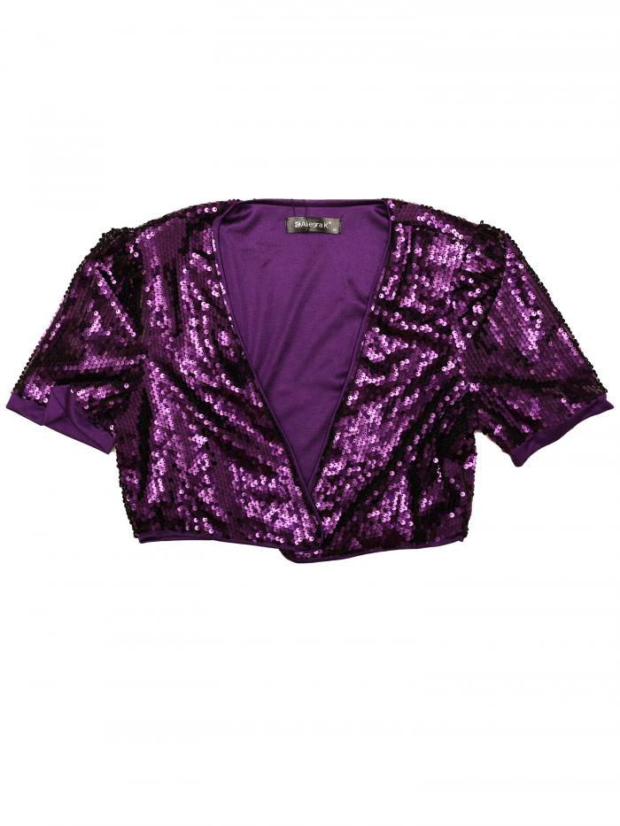 Allegra K カーディガン スパンコール クロップジャケット パフ半袖 前開き パーティー レディース ブラックパープル L
