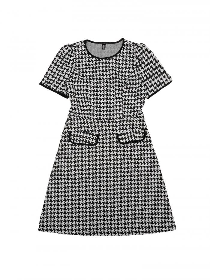 Allegra K レディース チェック柄 Aラインドレス クルーネック コントラストトリム エレガント 千鳥格子ドレス ブラック M