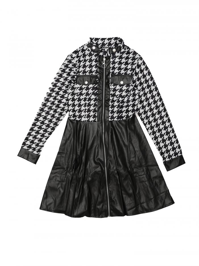 Allegra K ワンピース 千鳥格子 Aラインドレス PU フェイクレザー パッチワーク ジッパーアップ クラブ パーティー レディース ブラック XS