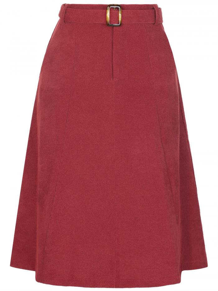 Allegra K ミディスカート ポケット付き ハイウエスト 伸縮性バック Aライン ベルト付き コーデュロイ レディース ブルゴーニュ XS