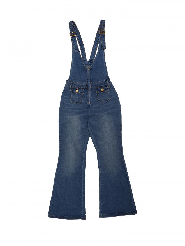 Allegra K ベルボトム ジーンズ デニム ジャンプスーツ Vネック ジップアップ レディース ブルー S