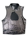 Allegra K タンクトップ クロップ ノースリーブ カットアウトフロント スリムフィット スパンコール レディース シルバー L
