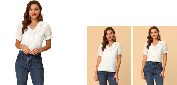 Allegra K シフォントップス 水玉 ブラウス フリルVネック 半袖 レディース ホワイト S