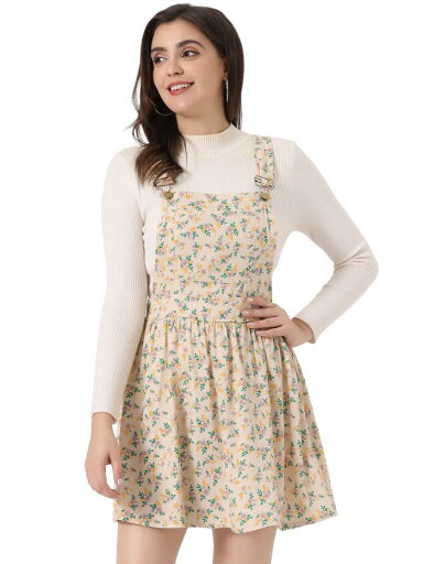 Allegra K デニム サロペットスカート オーバーオール ショート丈 レディース ベージュ 花柄 XS Allegra K デニム サロペットスカート オーバーオール ショート丈 レディース ベージュ 花柄 XS