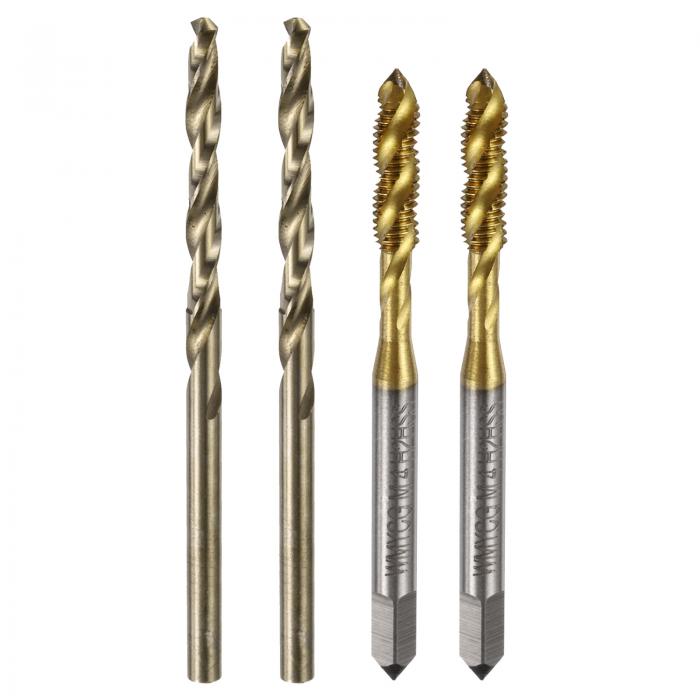 メトリックタップ＆ドリルビットセット 2個M4 x 0.7螺旋フルートねじ切りタップチタンコーティングおよ..