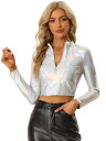 Allegra K クロップトップ パーティートップス 長袖Tシャツ ジップアップ メタリック レディース シルバー S(4)