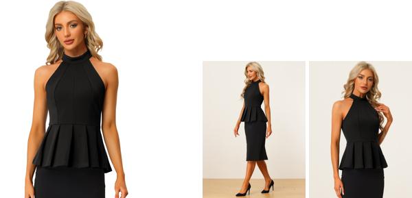 Allegra K キャミソール ホルターネック タンクトップ 夏 ペプラム ノースリーブ プリーツ レディース ブラック M