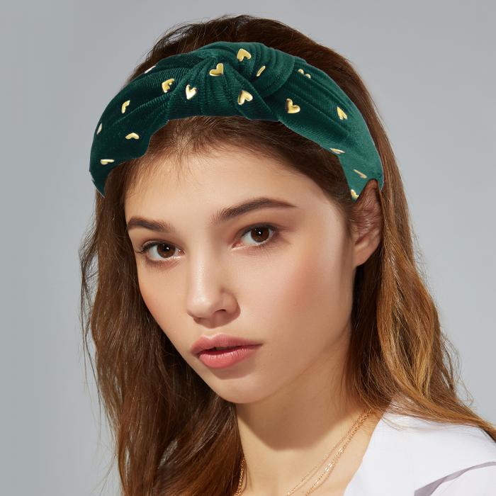 VOCOSTE 女性用ヘッドバンド ヘアバンド ベルベットのハート型スタッドノット 3cm幅 1個 グリーン