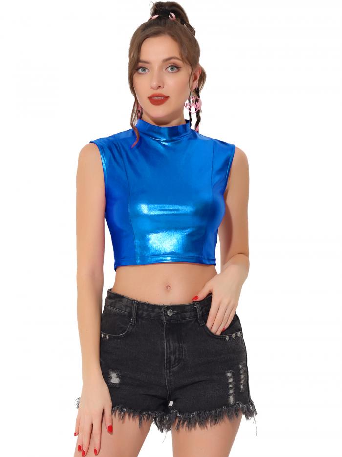 Allegra K ノースリーブトップス クロップ キャミソール シャイニー ベスト メタリック パーティー レディース ディープブルー L