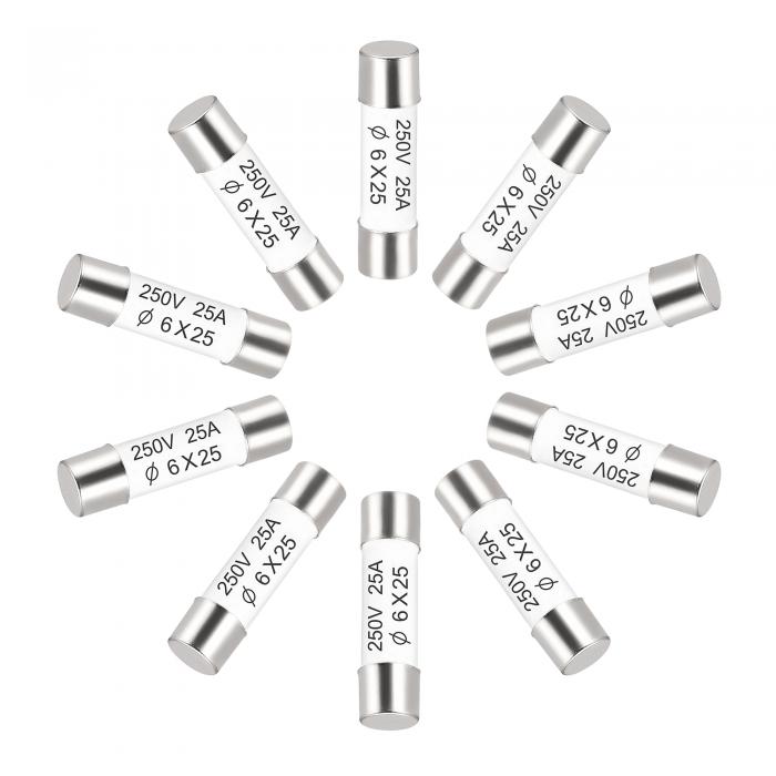 セラミックカートリッジヒューズ 25A 250V 6x25mm セラミックヒューズの高速ブロー交換 アンプ省エネランプバラスト用 10個